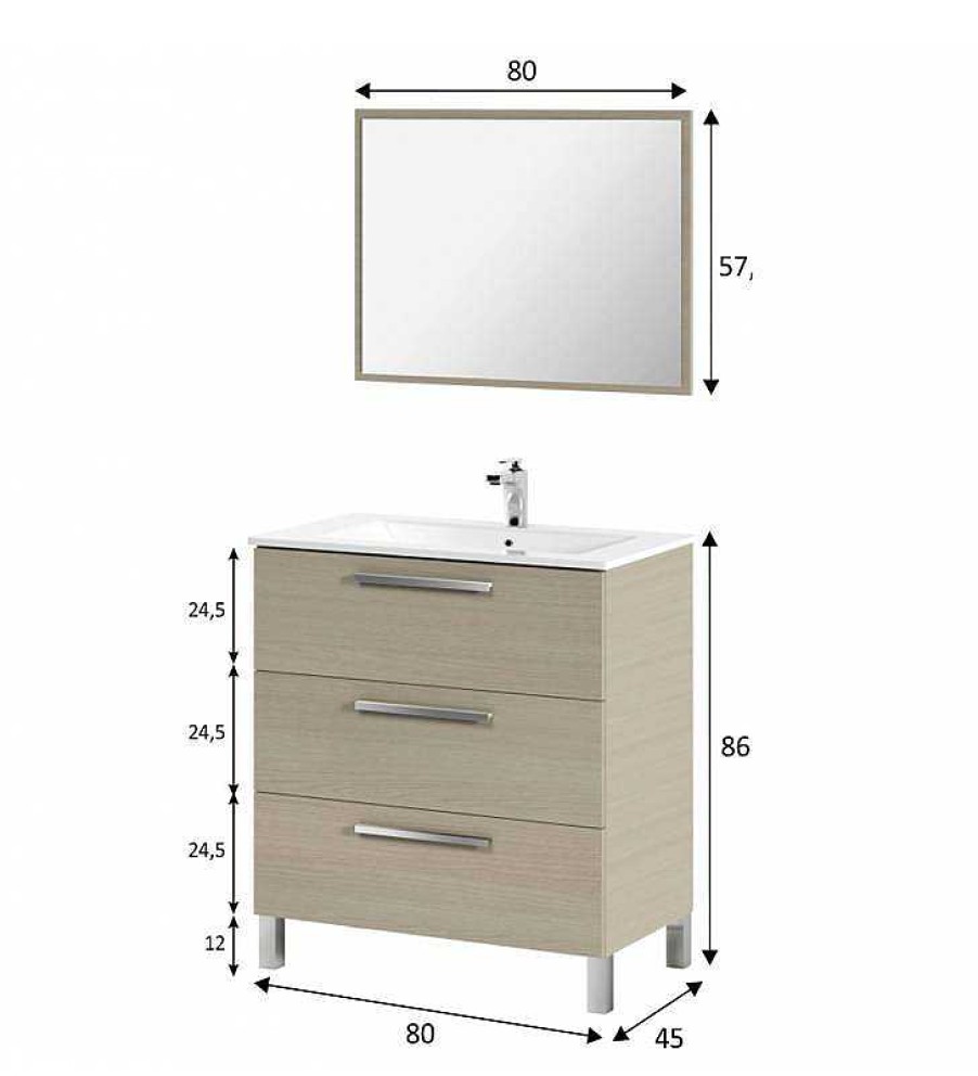 Muebles Para Ba O TOP MUEBLE | Mueble De Ba O Andie 3C 80Cm Con Espejo Blanco/Roble